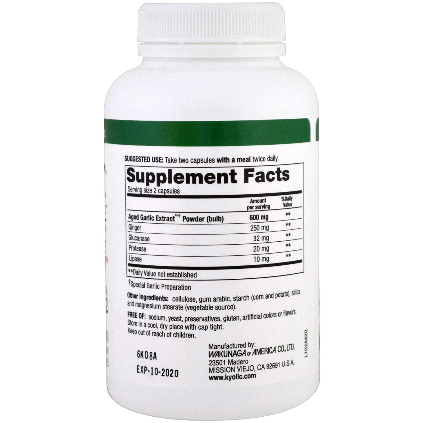 Kyolic Garlic with Enzyme capsules closeup emphasizing enzyme blend for digestion support