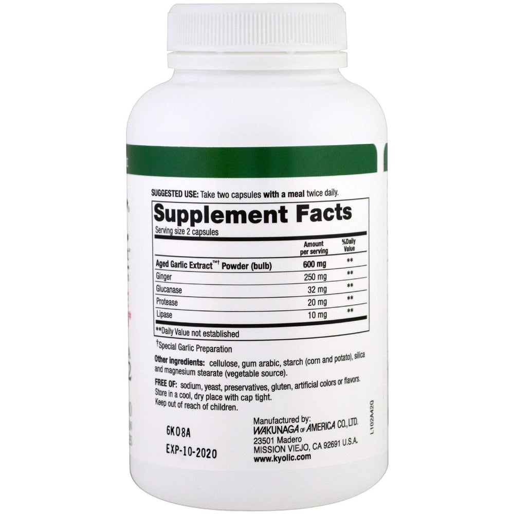 Kyolic Garlic with Enzyme capsules closeup emphasizing enzyme blend for digestion support