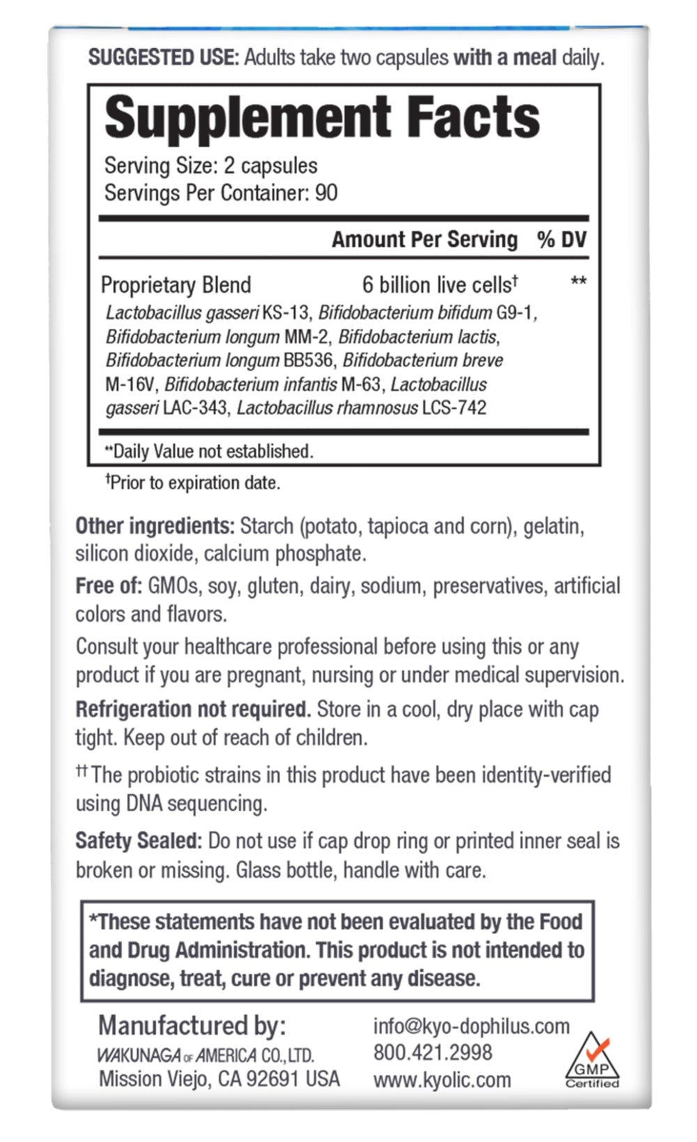 Kyolic Kyo-Dophilus Multi 9 bottle back label highlights ingredients.