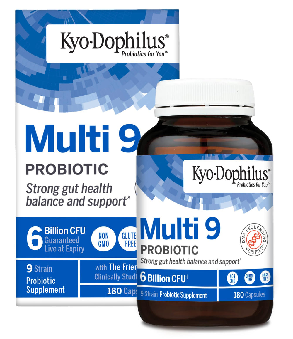 Kyolic Kyo-Dophilus Multi 9 probiotic bottle front promotes gut balance.