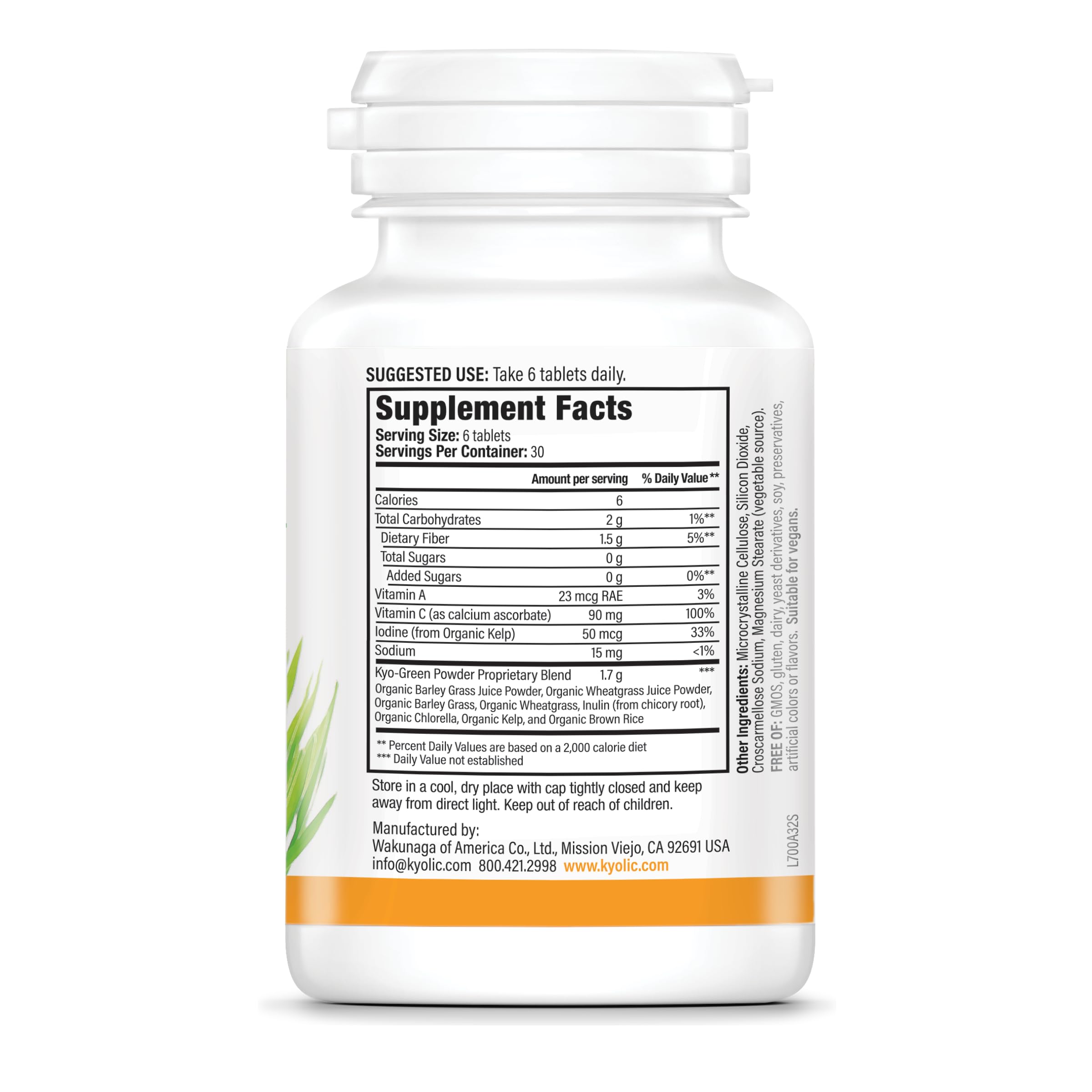 Close-up of Kyolic Kyo-Green Energy ingredients: barley grass, wheat grass, chlorella and kelp