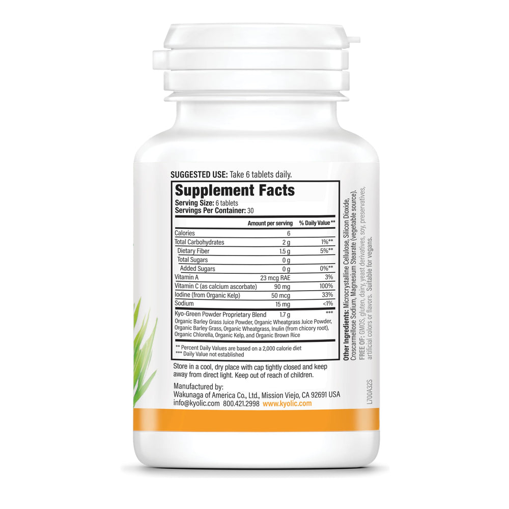 Close-up of Kyolic Kyo-Green Energy ingredients: barley grass, wheat grass, chlorella and kelp