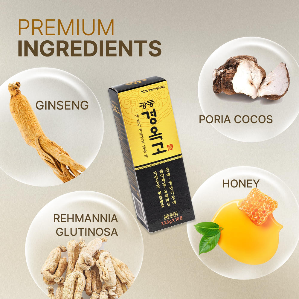 Ginseng, rehmannia root juice, poria powder, and honey ingredients