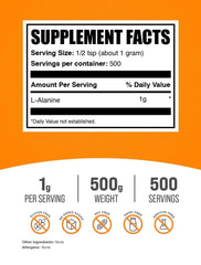 Back panel with supplement facts for L-Alanine powder 500g