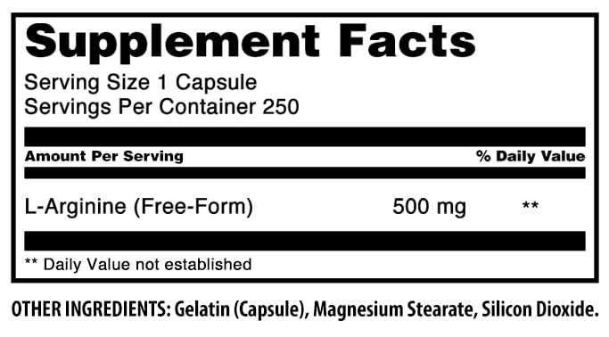 Nutrition facts panel for L-Arginine 500 mg