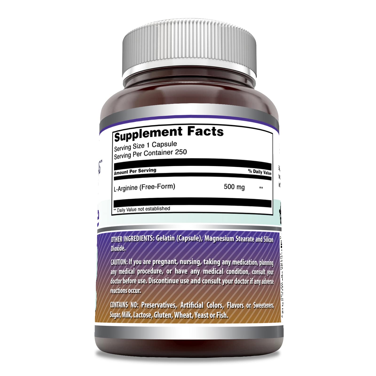 Ingredients panel for L-Arginine 500 mg supplement