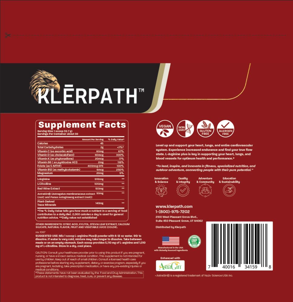 Supplement facts and nutrition information for Klērpäth L-arginine Plus Raspberry