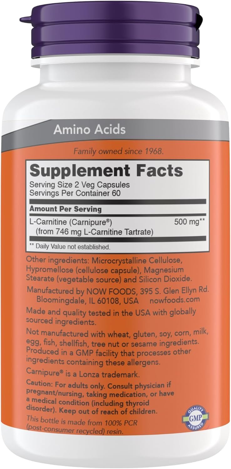 Close-up of NOW L-Carnitine 250 mg vegetarian capsules in bottle