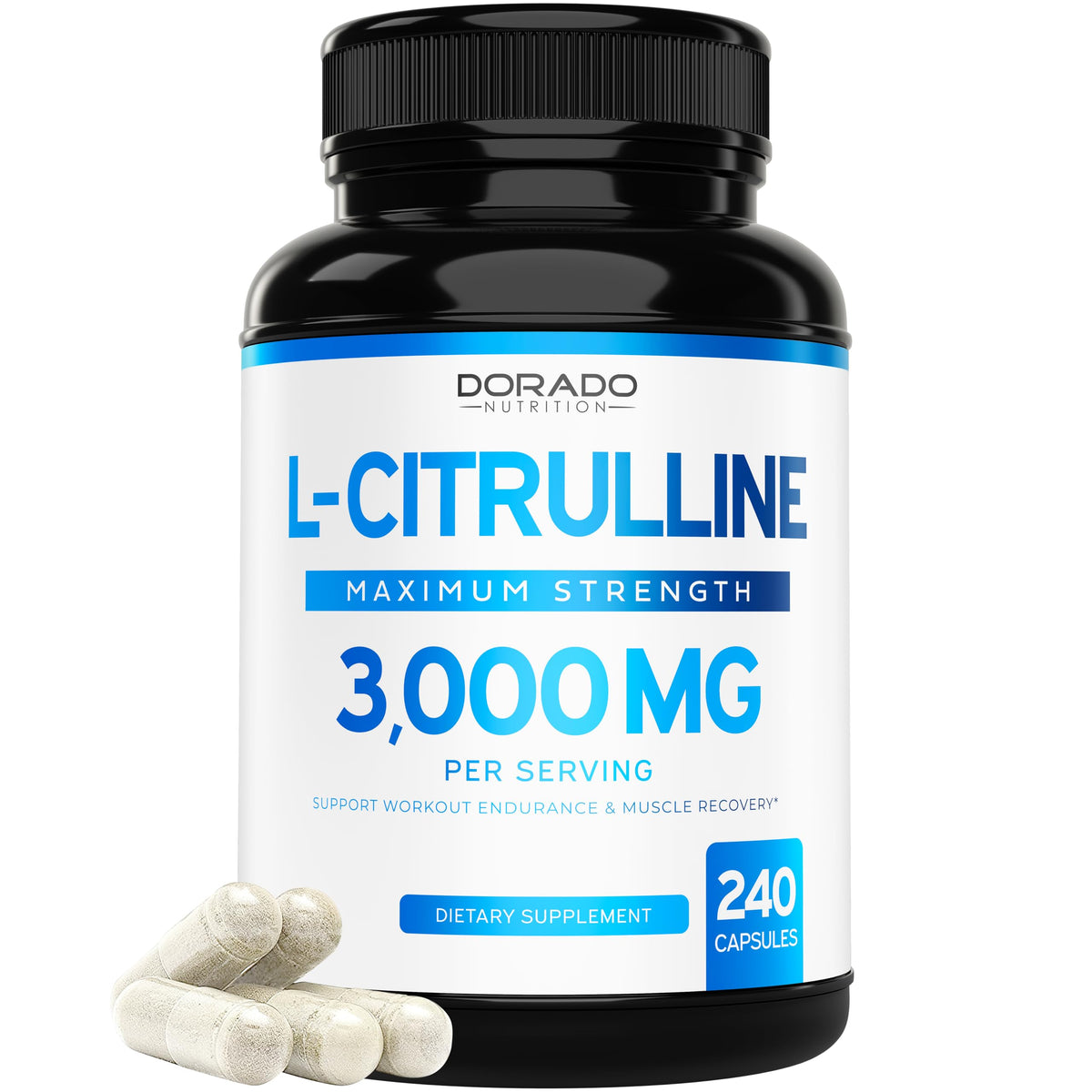 Bottle of L Citrulline 3000mg supplement with 240 capsules