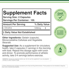 Close-up of L Citrulline capsules bottle label