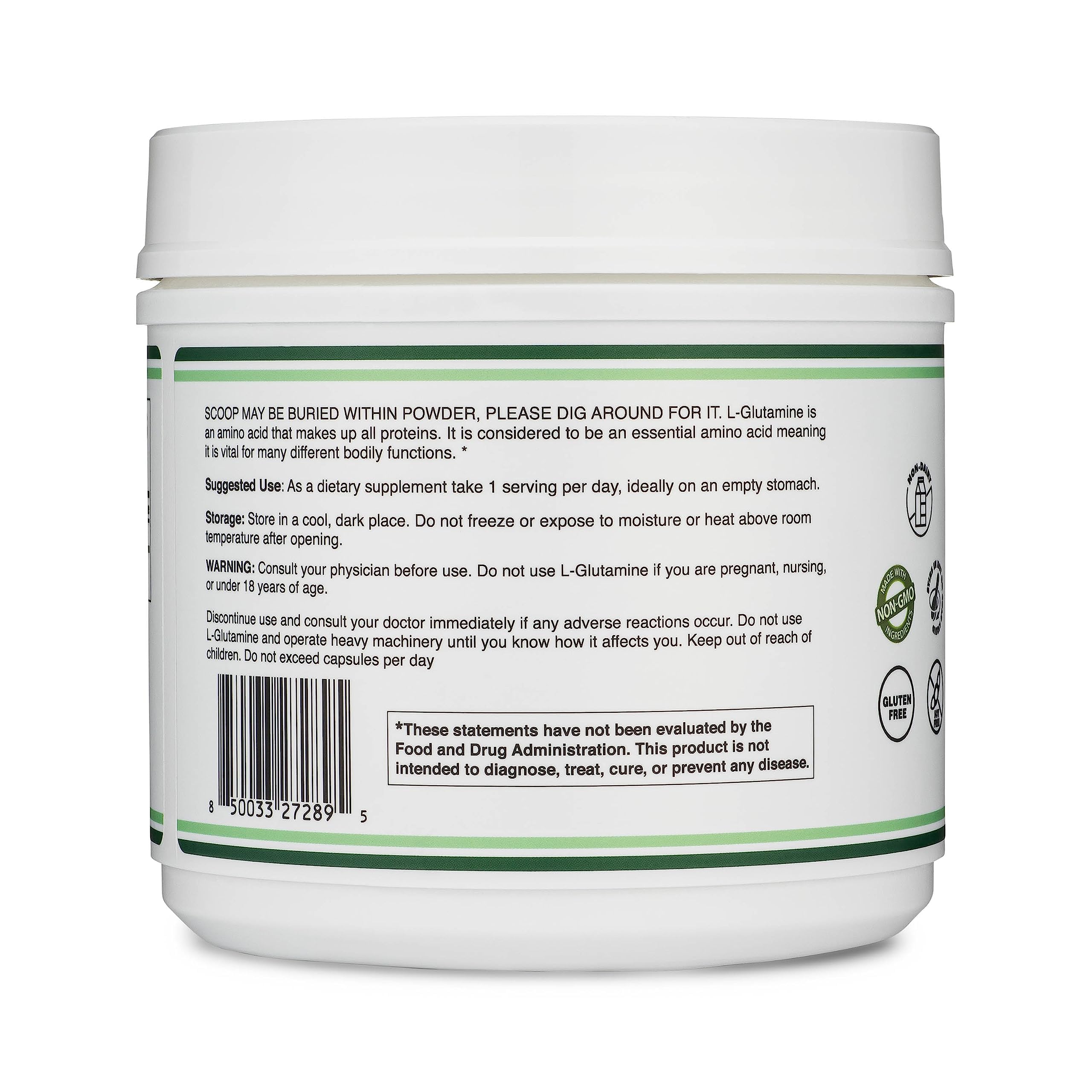 L-Glutamine powder in jar for gut health and endurance