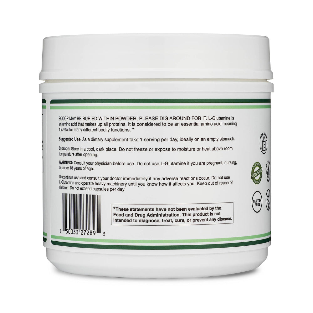 L-Glutamine powder in jar for gut health and endurance