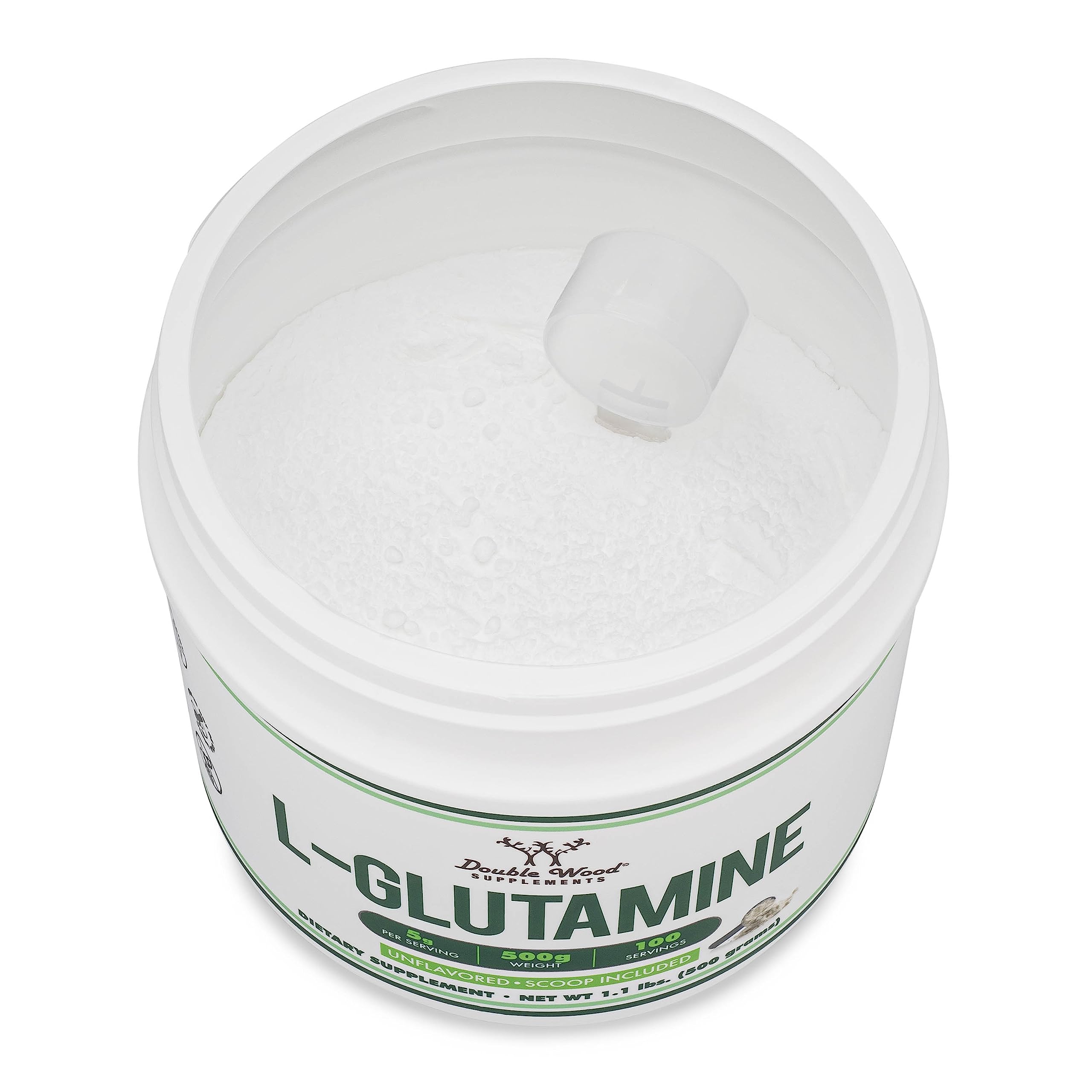 L-Glutamine powder with scoop inside bottle