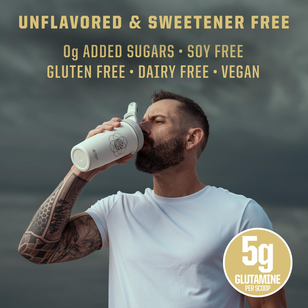 L-Glutamine powder tub on white background