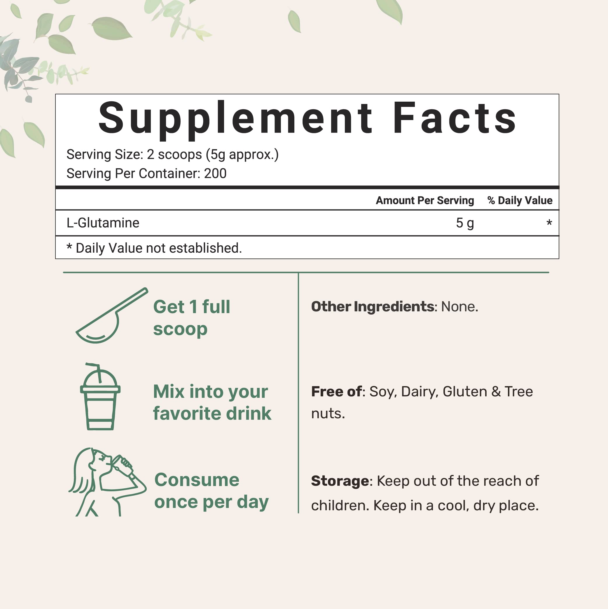 L-Glutamine powder ingredients panel showing no fillers or additives