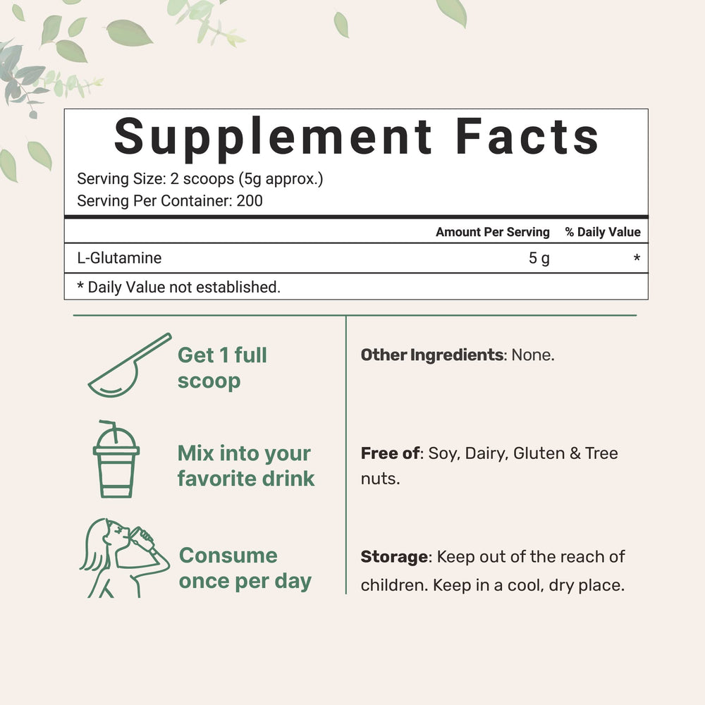 L-Glutamine powder ingredients panel showing no fillers or additives