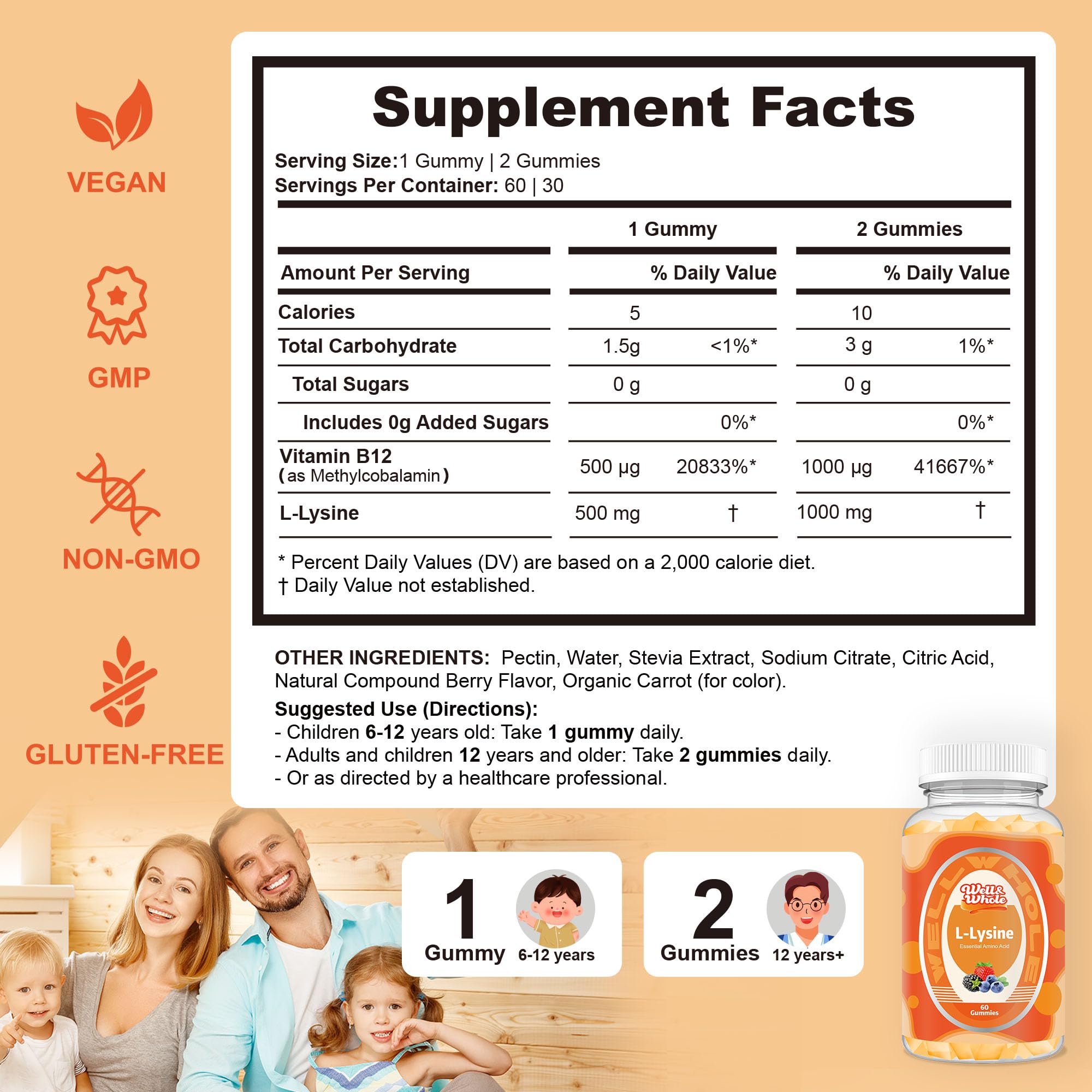 Vitamin B12 1000mcg highlighted on L-Lysine Gummies packaging
