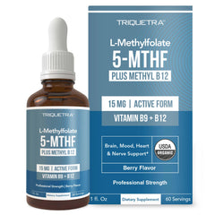 Bottle of L Methyl Folate 15mg Plus Methyl B12 Cofactor in Organic Berry Flavor