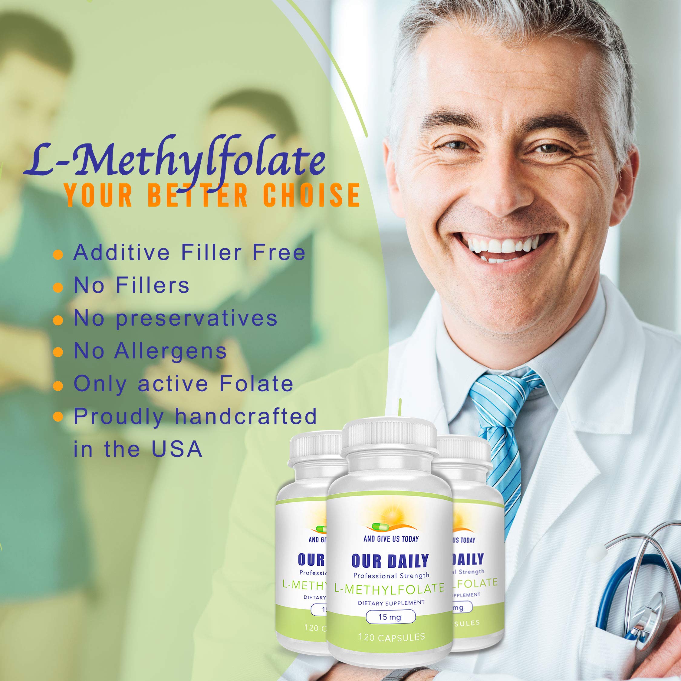 Methylfolate capsules on white background