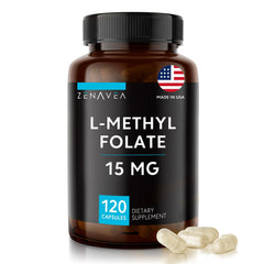 Bottle of Zenavea L-Methylfolate 15mg vegan capsules