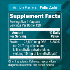 Close-up of L-Methylfolate 15mg vegan capsules