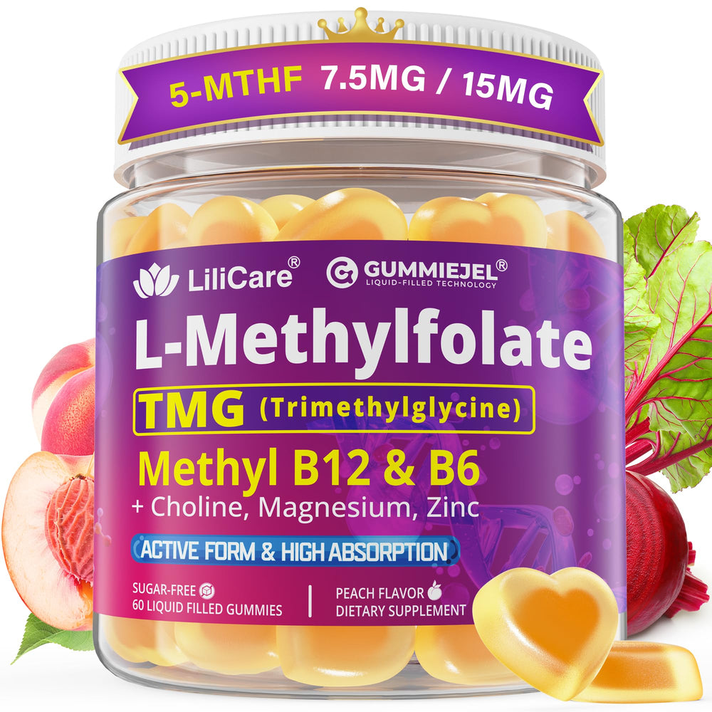 Bottle of L-MethylFolate 15mg / 7.5mg & Methyl B12 1000 mcg Gummies with label