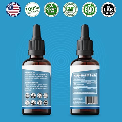 Close-up of dropper dispensing berry-flavored L-Methylfolate + B12 liquid