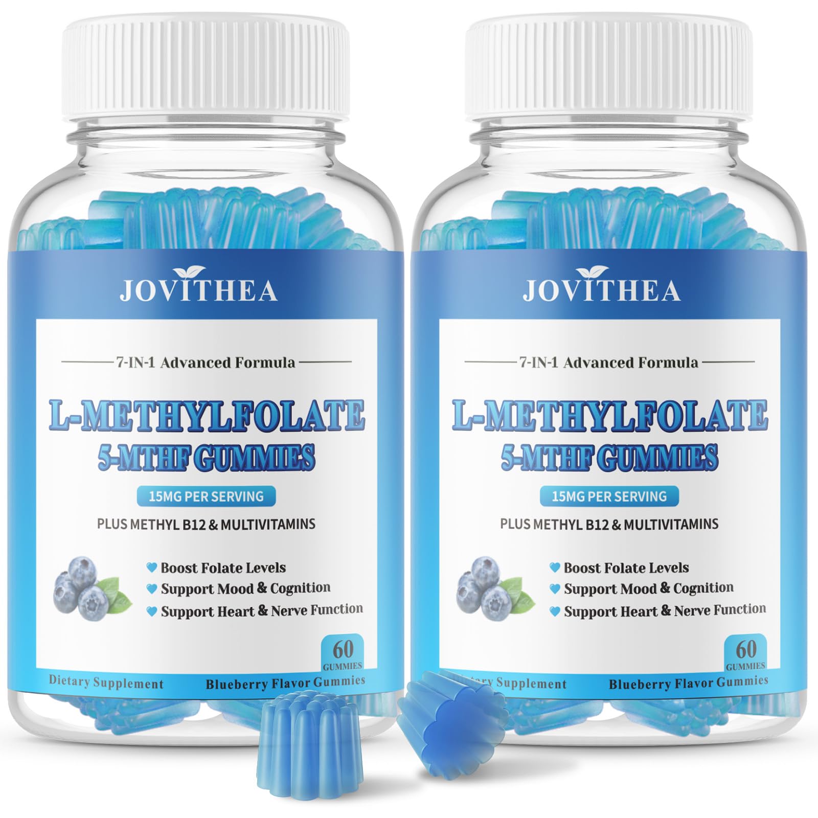 Front view of the two-bottle package of L-Methylfolate 15mg gummies with Methyl B12