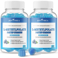 Front view of the two-bottle package of L-Methylfolate 15mg gummies with Methyl B12