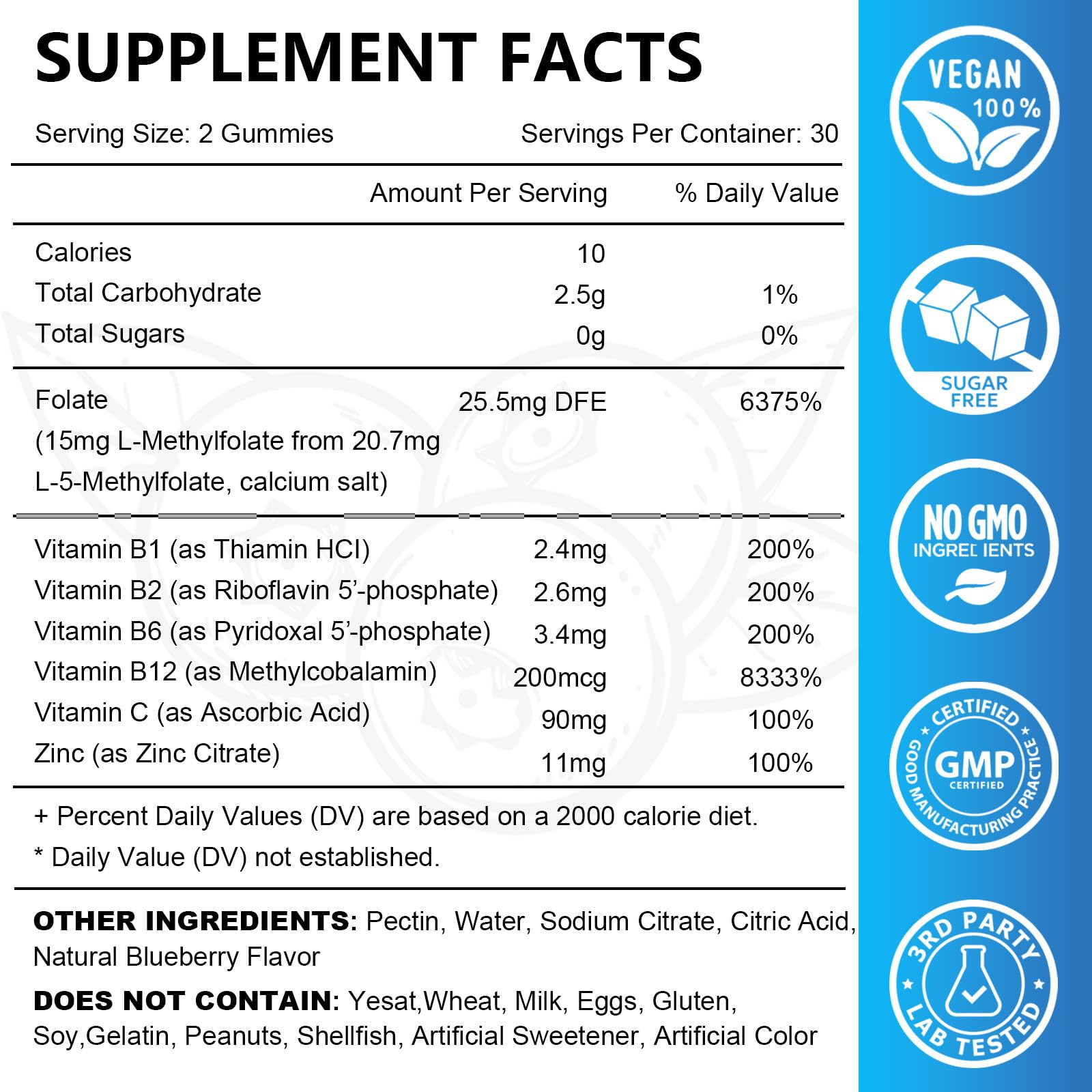 Back label with supplement facts for L-Methylfolate gummies