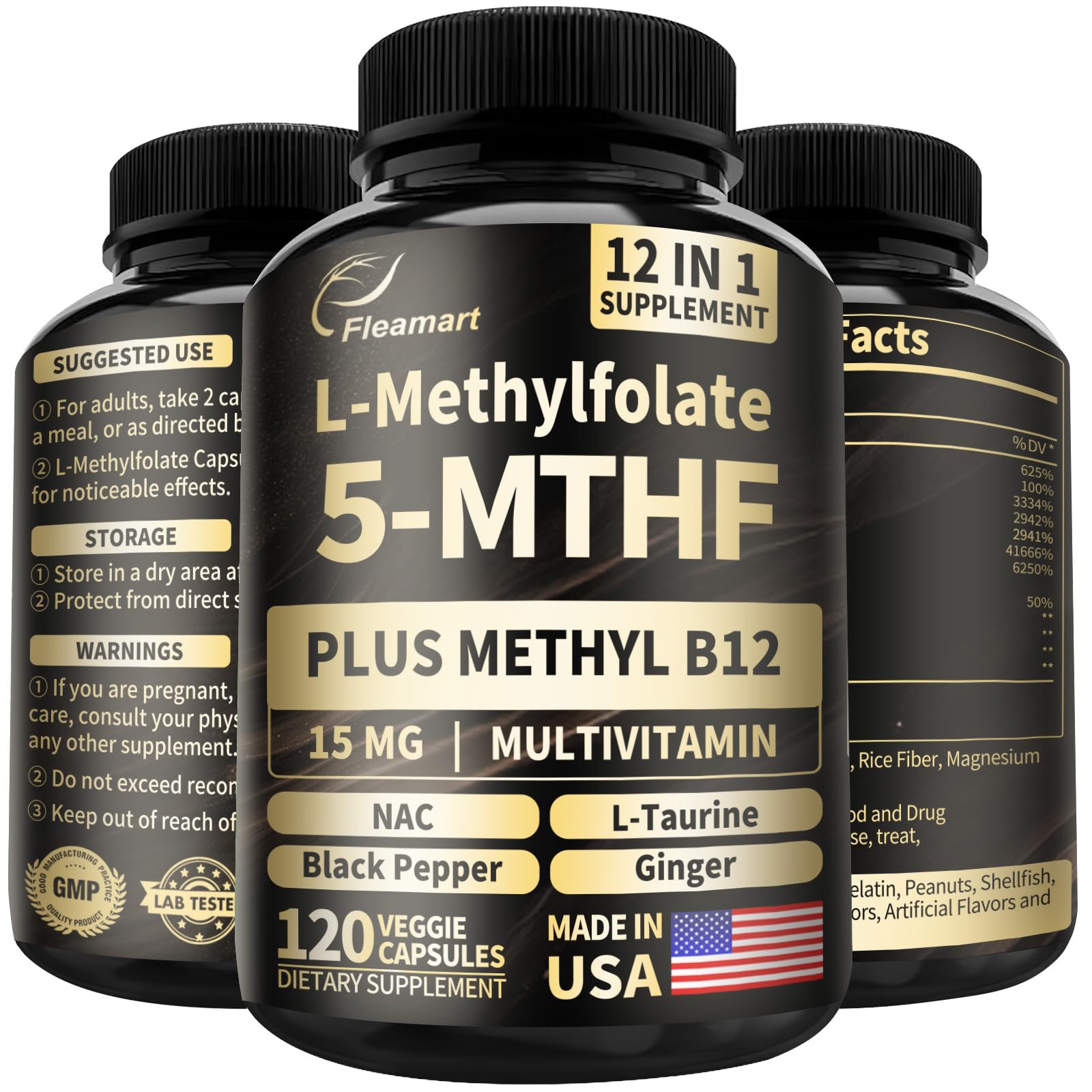 Bottle of L Methylfolate 15mg + Methyl B12 (5-MTHF) vegan capsules