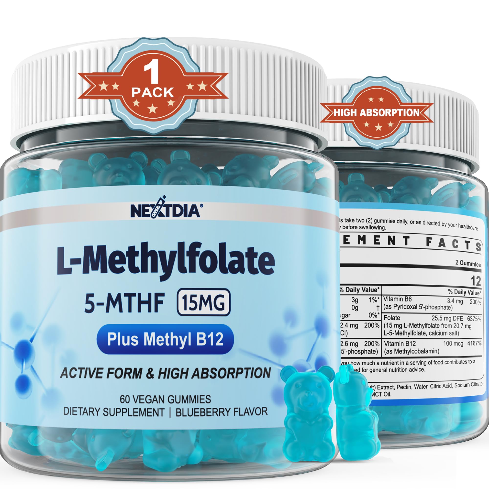 Front of bottle featuring L-MethylFolate 15mg & Methyl B12 Gummies