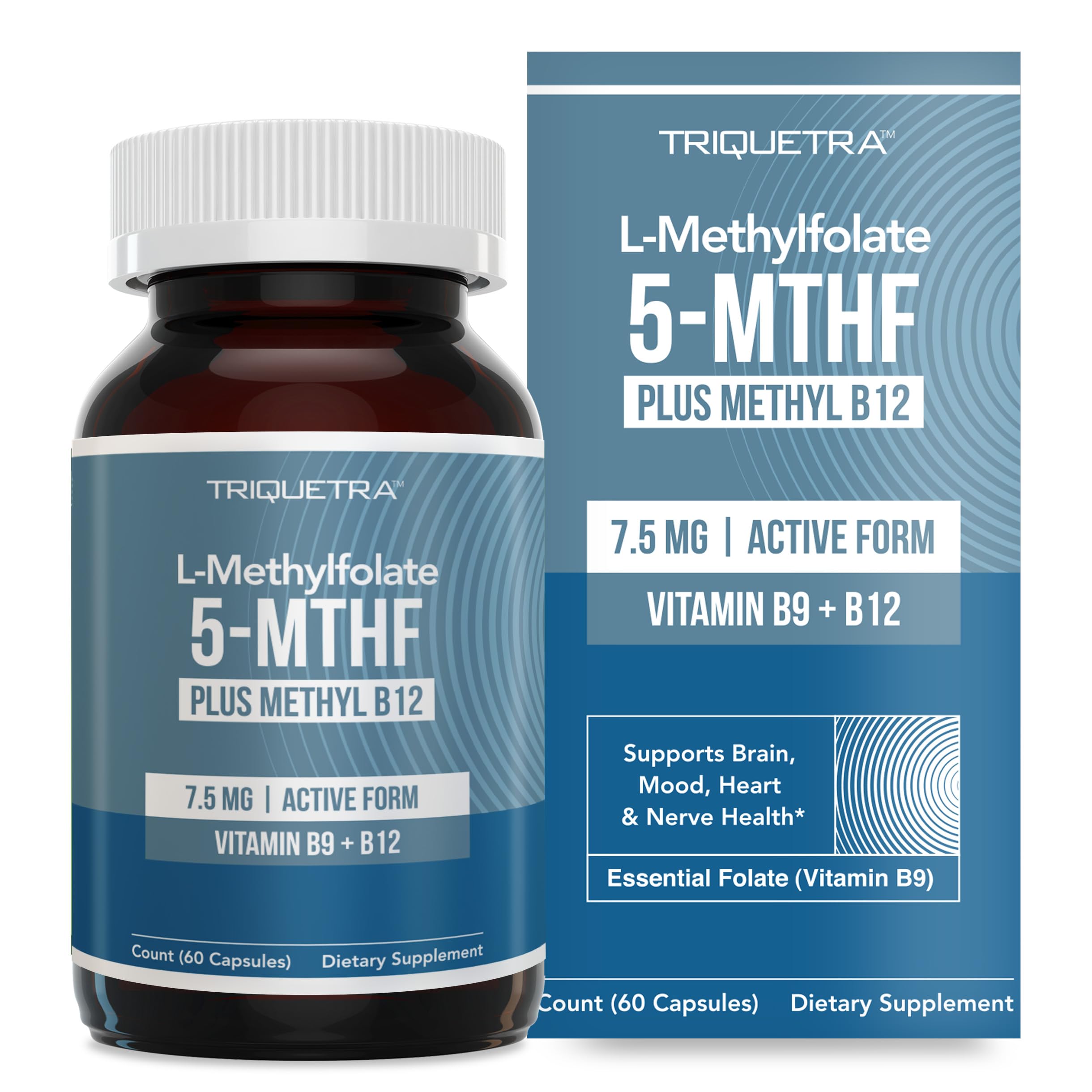Bottle of L Methylfolate 7.5mg + Methyl B12 supplement with 60 capsules