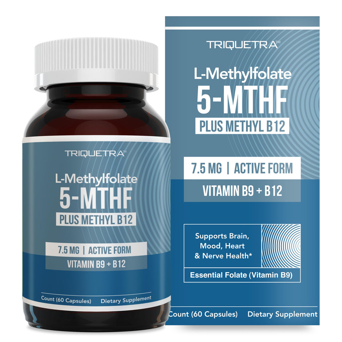 Bottle of L Methylfolate 7.5mg + Methyl B12 supplement with 60 capsules