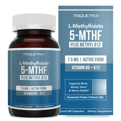 Bottle of L Methylfolate 7.5mg + Methyl B12 supplement with 60 capsules