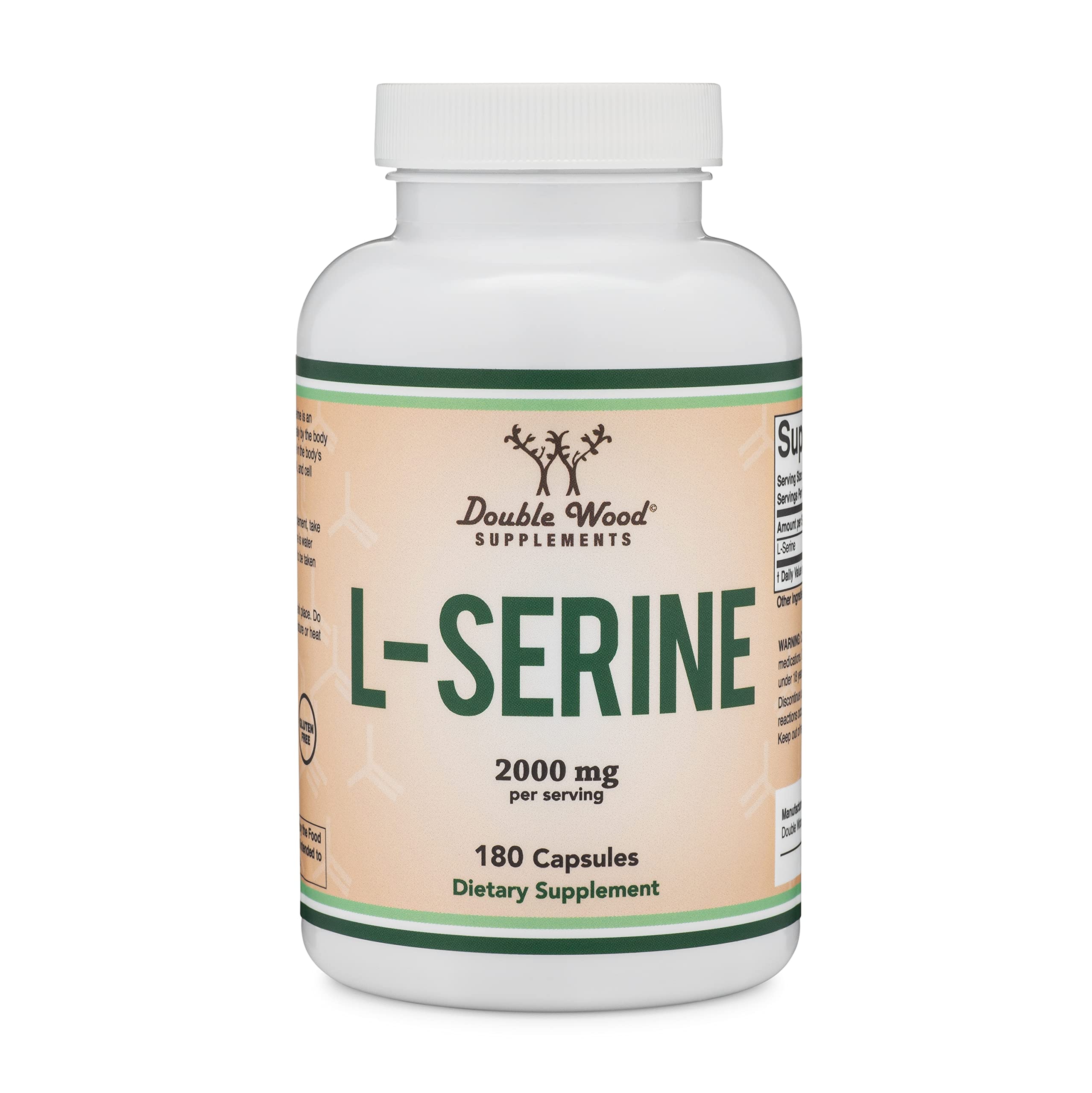 Front and side view of L-Serine bottle and capsules on white background