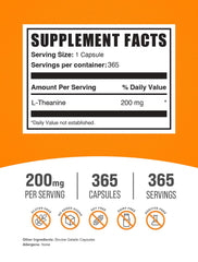L-Theanine capsules showing 200mg per serving (1 capsule)