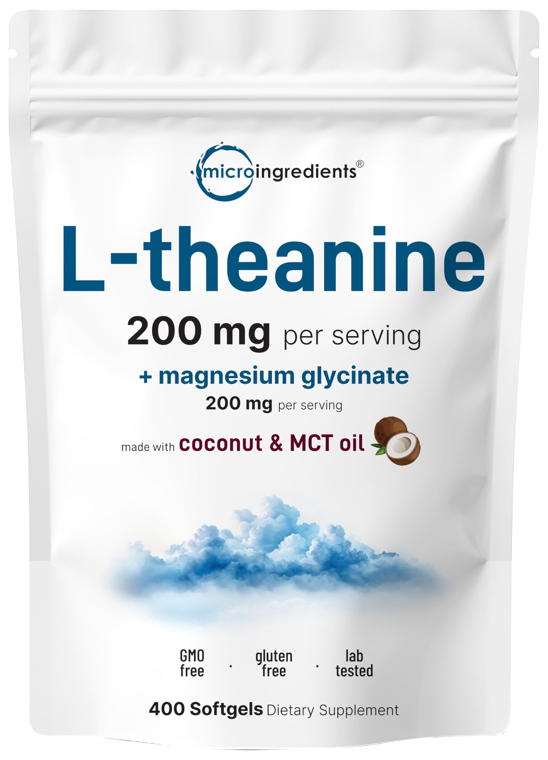 Front view of L-Theanine 200mg with Magnesium Glycinate softgels in coconut oil bottle – 400-count