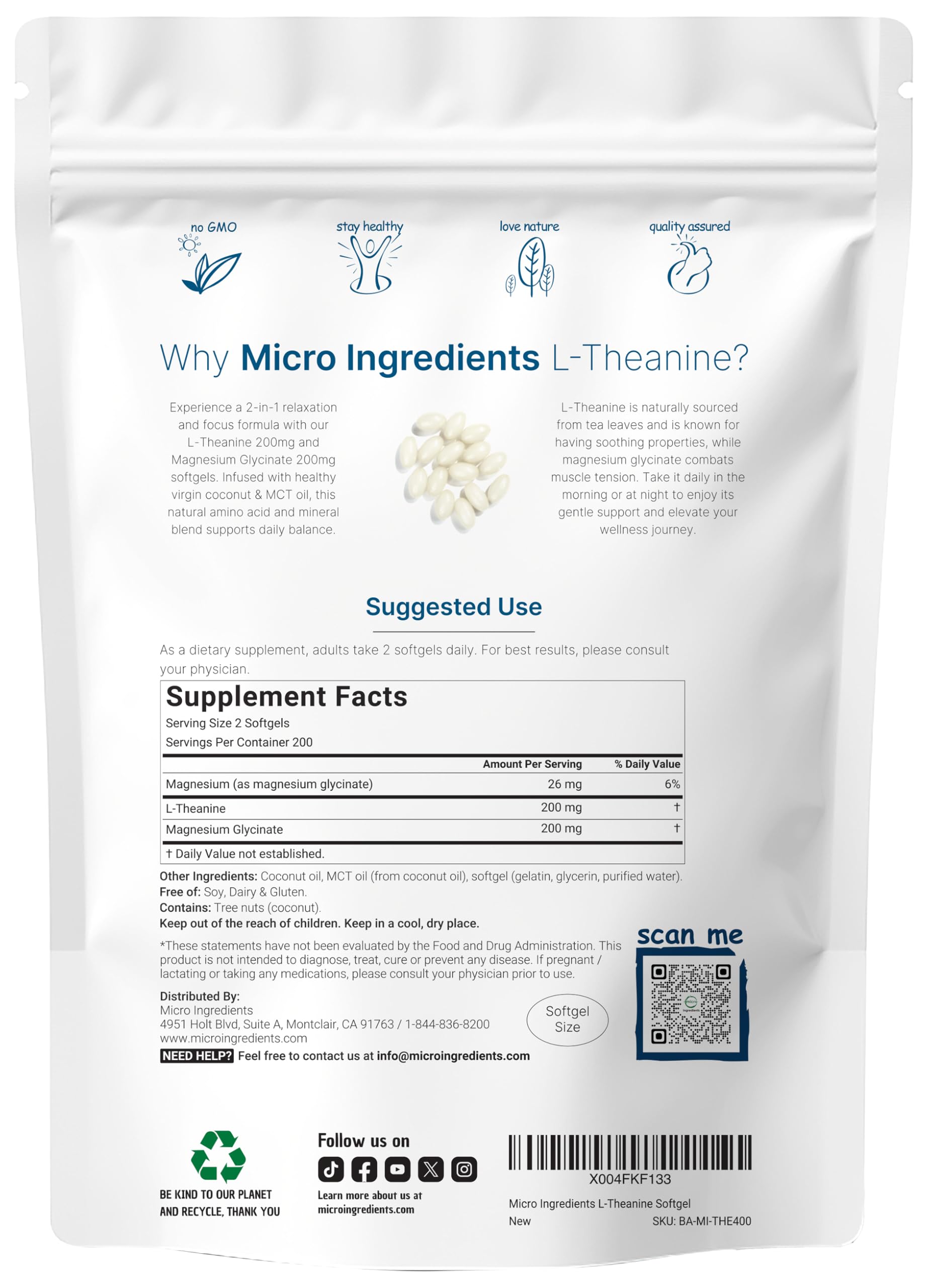 Close-up of L-Theanine and Magnesium Glycinate softgels with coconut oil