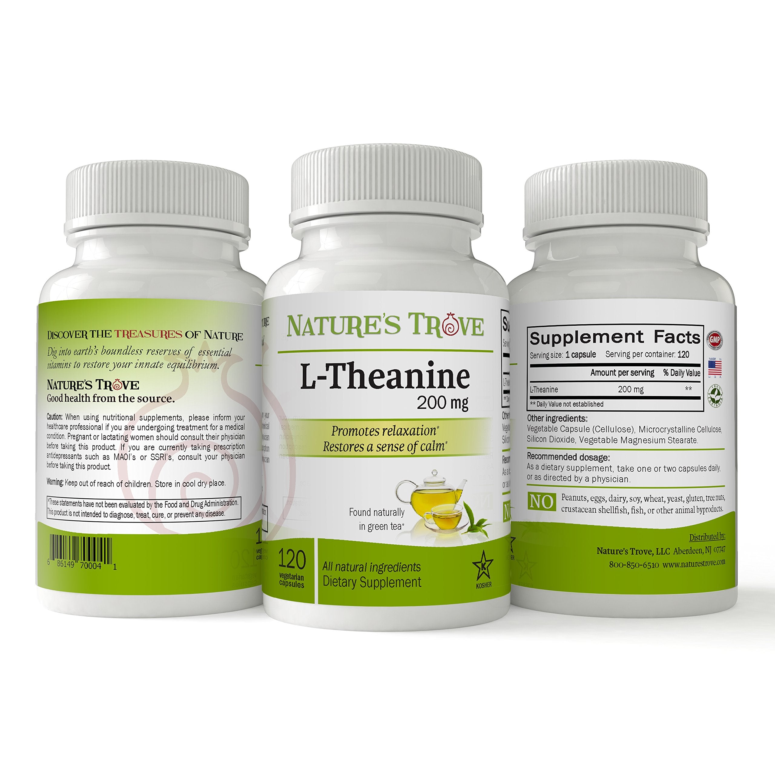 Close-up of L-Theanine 200mg Nature's Trove capsules