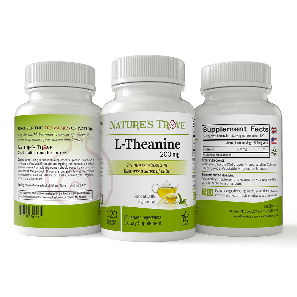 Close-up of L-Theanine 200mg Nature's Trove capsules