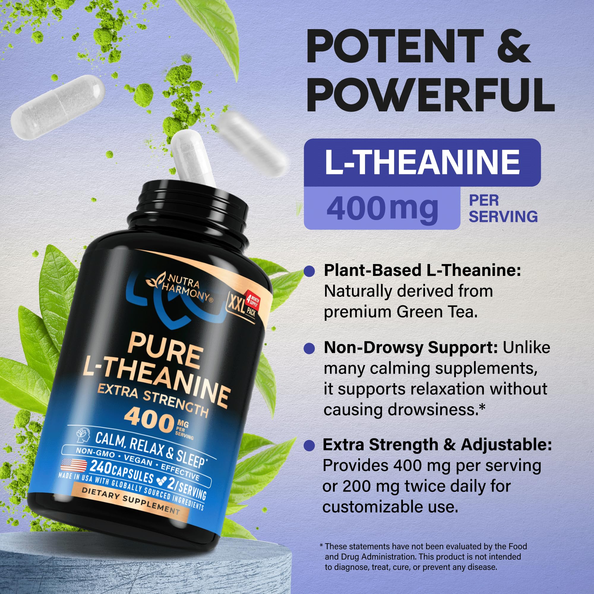 Made in USA label on L-Theanine 400 mg supplement