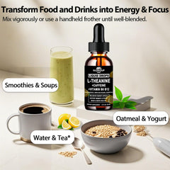 Close-up of bottle label showing L-Theanine and Caffeine