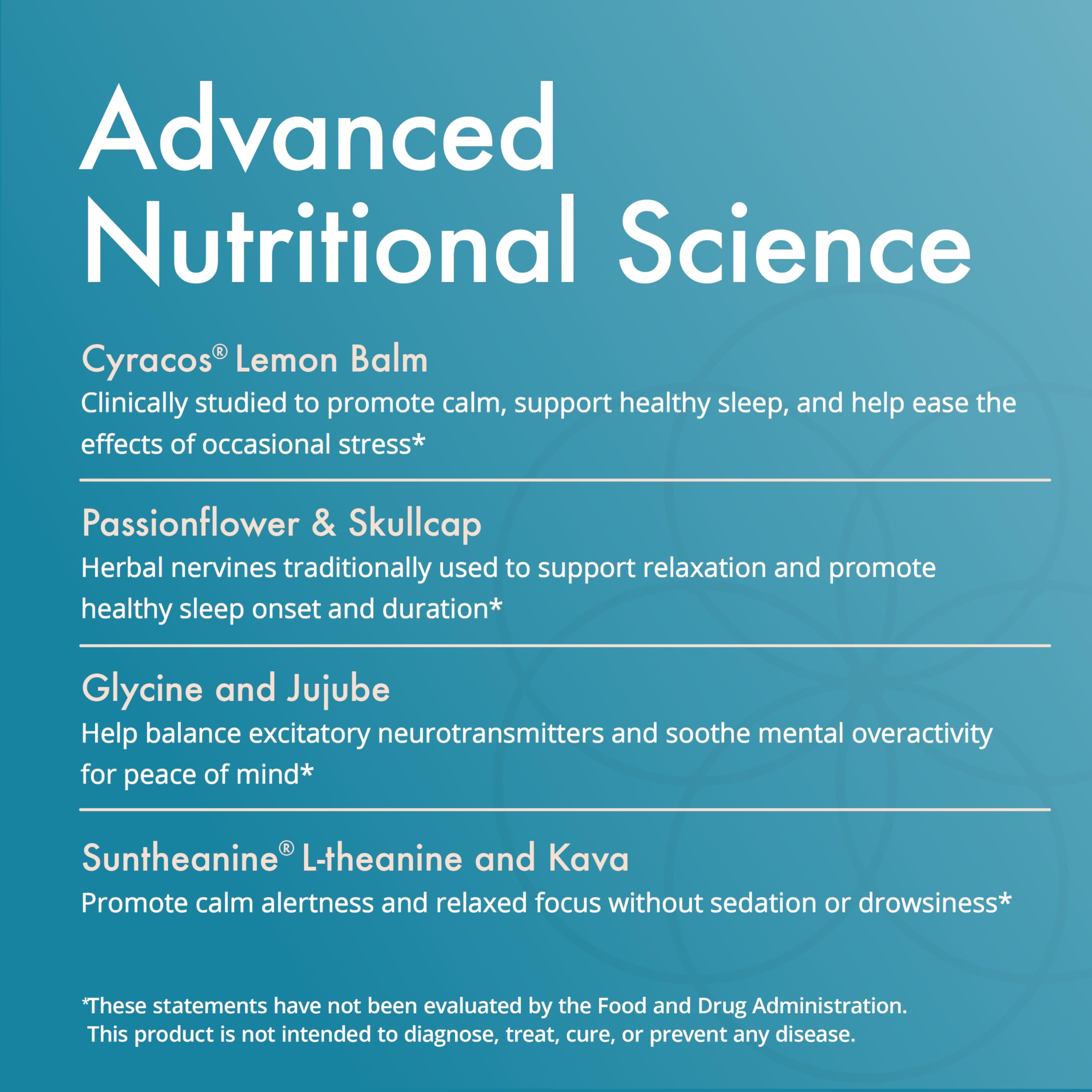 Herbal blend including L-Theanine, lemon balm, saffron, kava, skullcap, lavender and passion flower