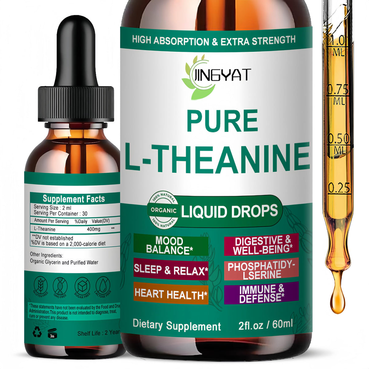 Bottle of L Theanine Liquid Drops with Pure L-Theanine 400mg label