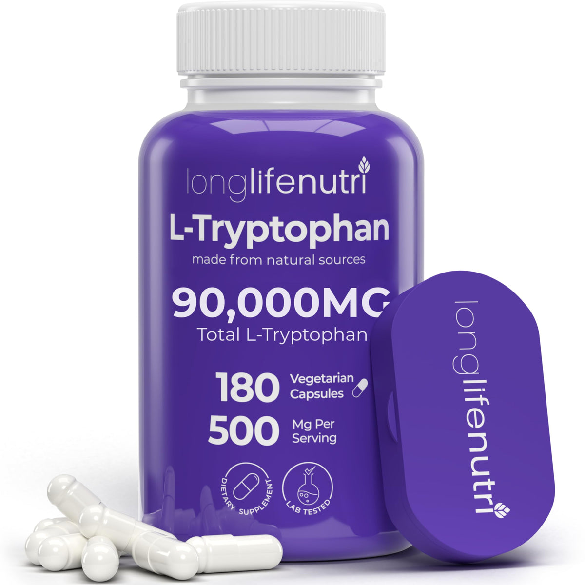 Front view of L-Tryptophan 500mg bottle with label