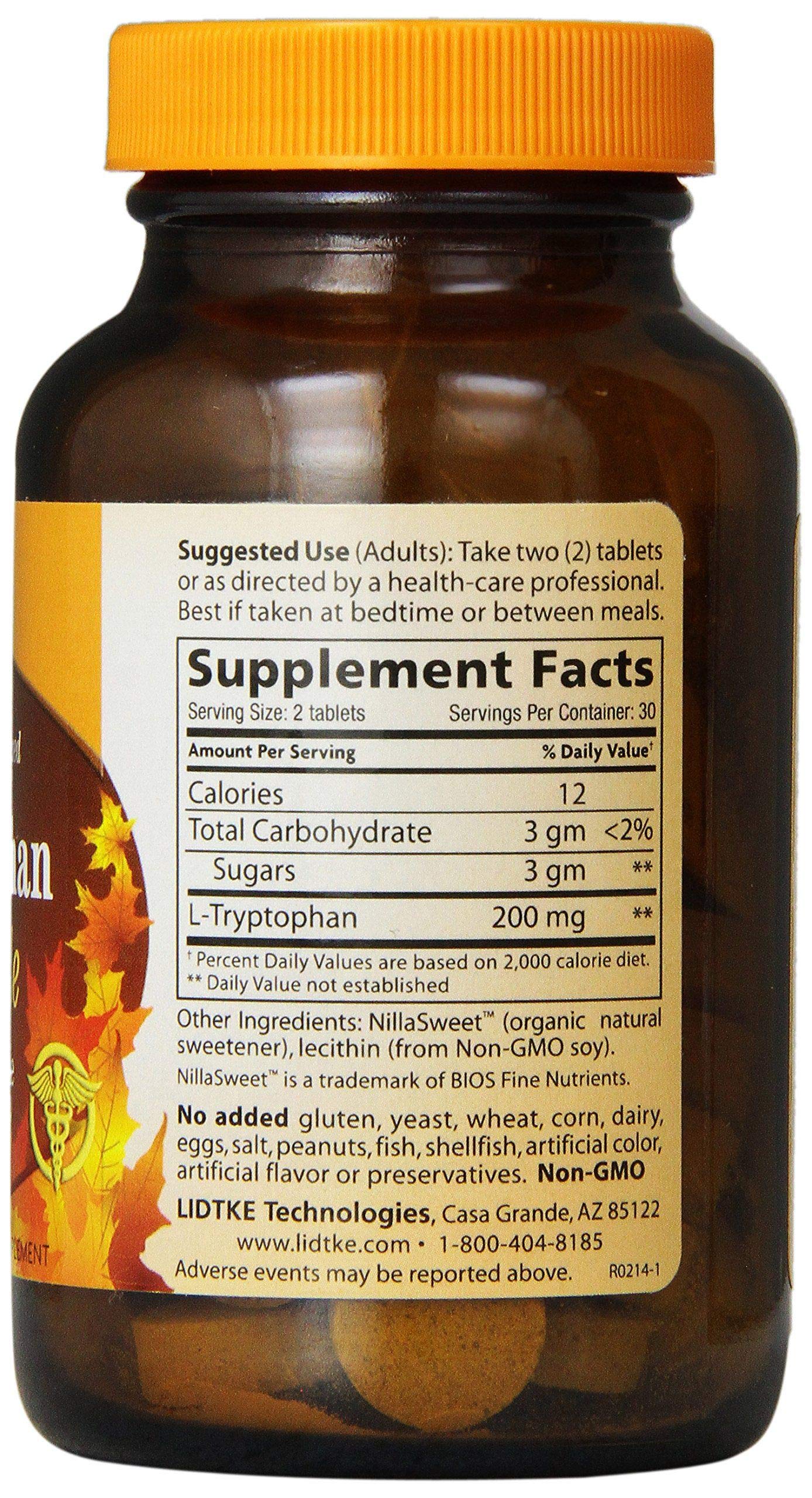 Nutrition facts label of Lidtke L-Tryptophan Chewable Tablets