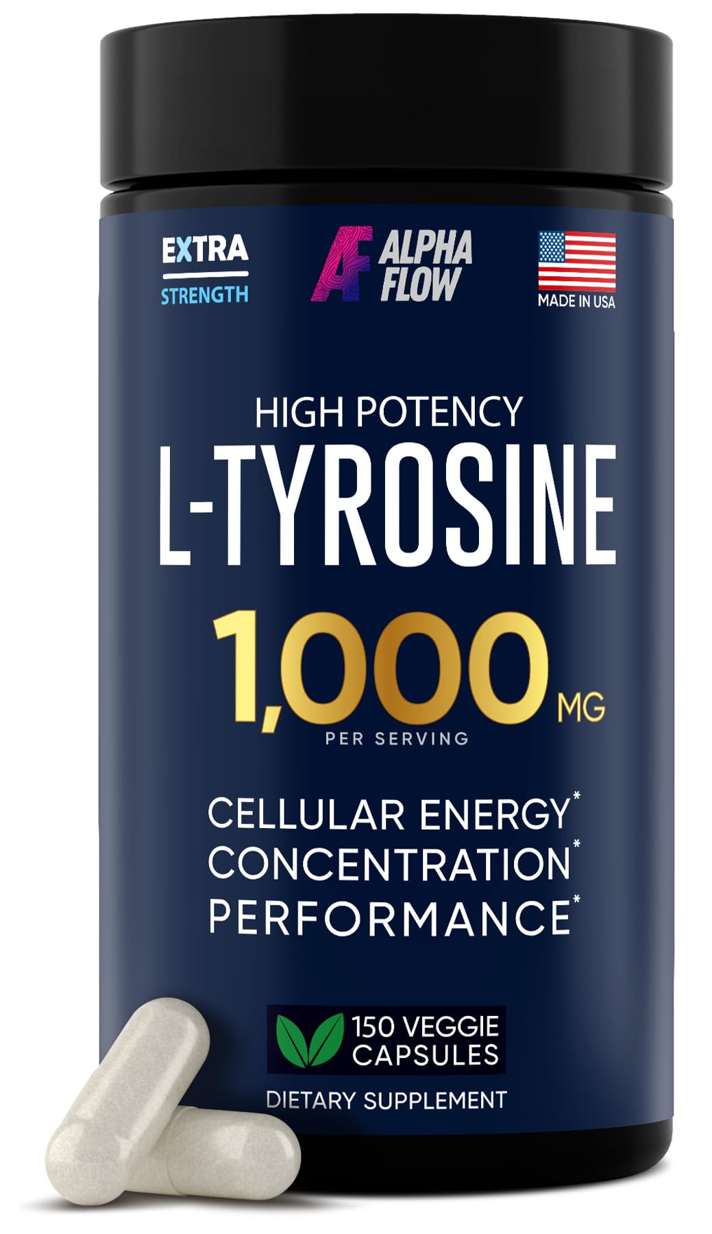 L Tyrosine 1000mg Capsules bottle – front view