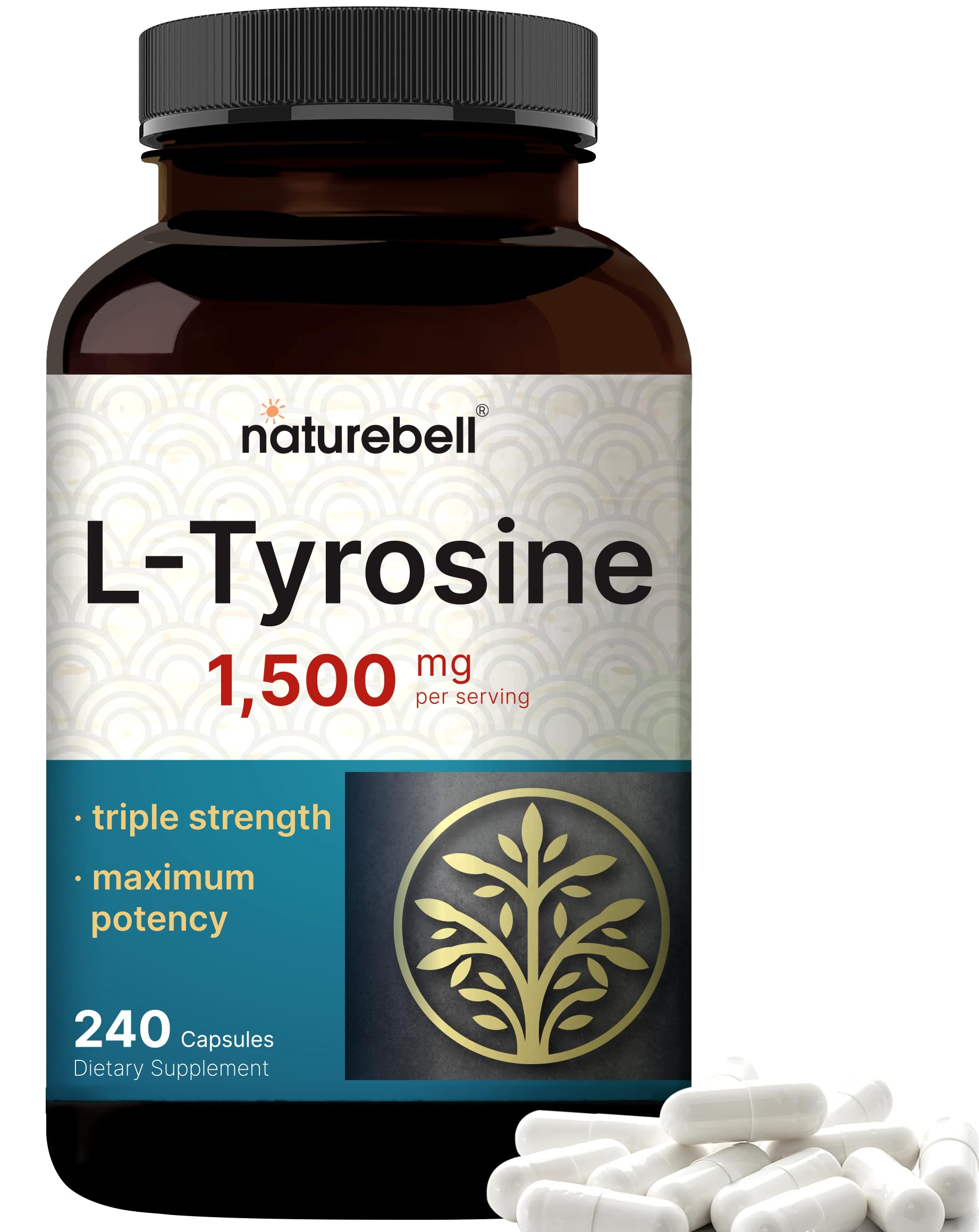Bottle of L Tyrosine 1,500mg Tyrosine supplement, 240 capsules