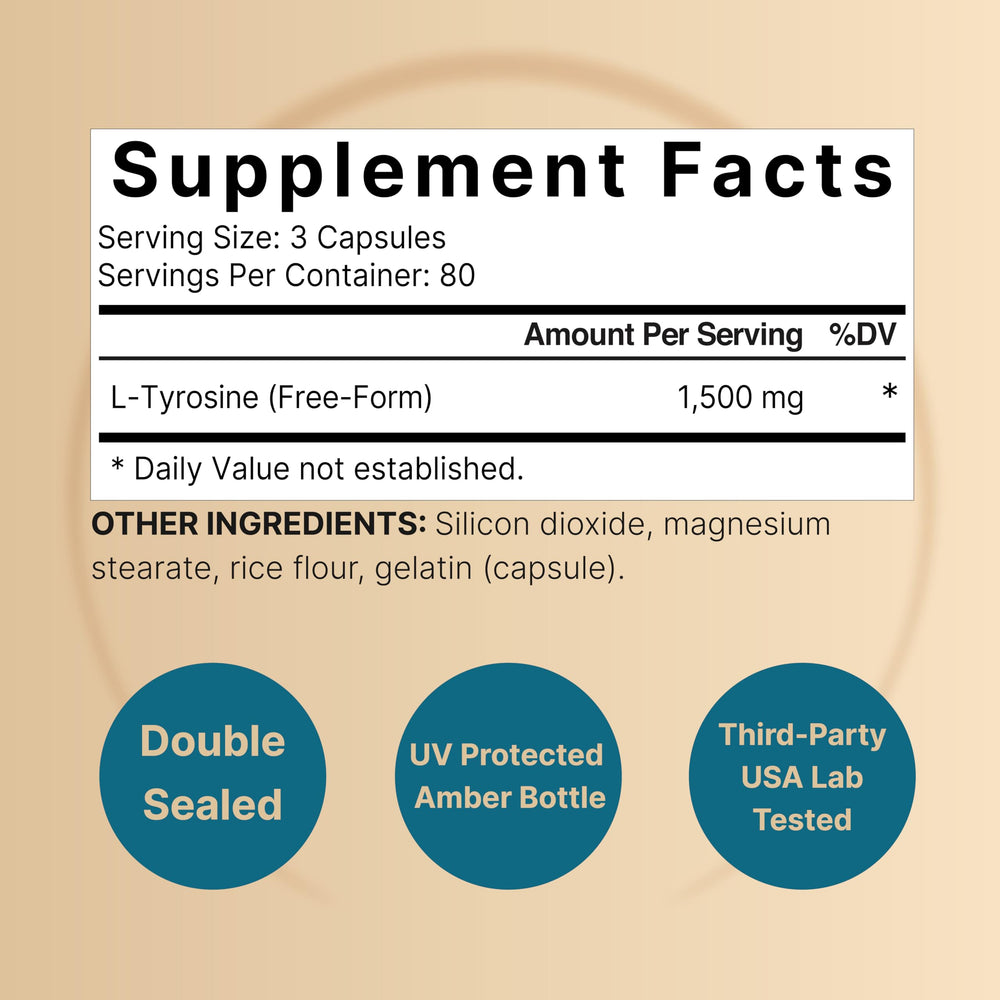 Close-up of L Tyrosine bottle label highlighting non-GMO and potency